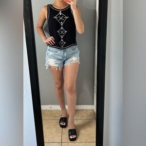Black indie hippie festival boho embroidered tassel tank S | resort tulum